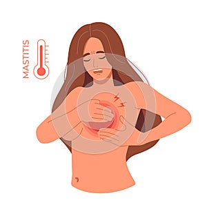 Vector woman with breast pain and fever as symptoms of mastitis. Female problem of breastfeeding. Sick girl holding her photo