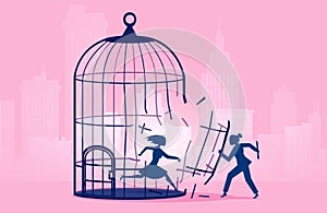 Vector of a woman escaping birdcage being helped by business woman