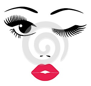 Vector woman face, eyes with long lashes, red lips.