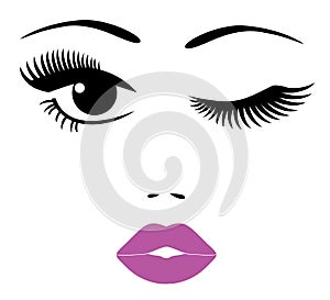 Vector woman face with fuchsia lips and long lashes.