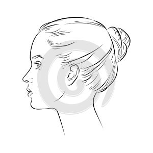 Vector woman face in profile. Portrait of girl looking side and front angles. line sketch isolated illustration on white