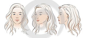 Vector woman face. Set of three different angles. Different view front, profile, three-quarter of a girl face.