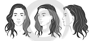 Vector woman face. Set of three different angles. Different view front, profile, three-quarter of a girl face.