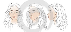 Vector woman face. Set of three different angles. Different view front, profile, three-quarter of a girl face.