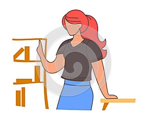 Vector woman in flat style icon. Female charakter leans on the table indoors with a bookcase photo