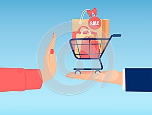 Vector of a woman hand rejecting shopping bags with products on sale