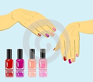 Vector woman hands with fingernails and set of nail polish isolated