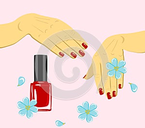 Vector woman hands with red fingernails and nail polish with flowers isolated