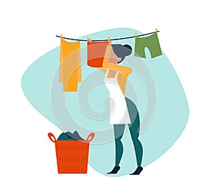 Vector of a woman hanging wet clothes out to dry