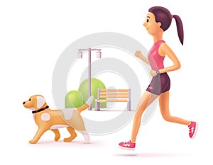 Vector woman jogging in park with dog