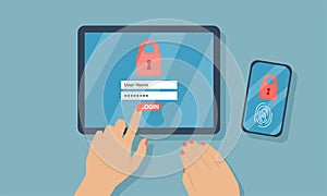 Vector of a woman login into her digital tablet and smartphone with two factor authentication security process