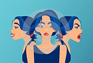 Vector of a woman with mood swings, bipolar disorder expressing anger and happiness