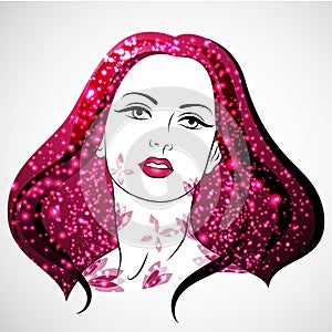 Vector Woman portrait with blossom and shine. Women`s Day. Love and Passion