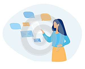 Vector of a woman receiving e-mail letters, business messages and documents