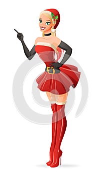 Vector woman in red Santa outfit with finger pointing up.