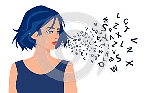 Vector of a woman talking with alphabet letters coming out of her mouth