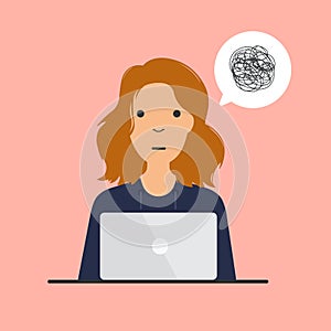 Vector woman with tangled thoughts.