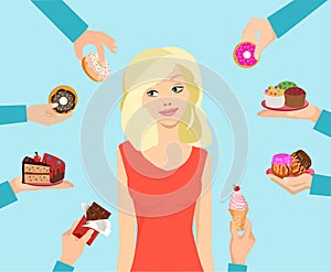 Vector of a woman trying to resist not to eat  junk sweet food offered by many people photo