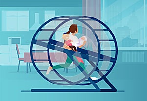 Vector of a woman with two little kids running in a wheel in her apartment feeling overburdened with daily errands photo