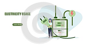 Vector of a woman unplugging household appliances to reduce energy consumption at home photo