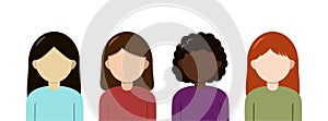 Vector women icons. Isolated flat female characters on the white background. Multiculture people group photo