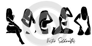 Vector women silhouette in bikini, swimsuit. Sexy Girls at the beach, Summer illustration. Abstract people set. Black