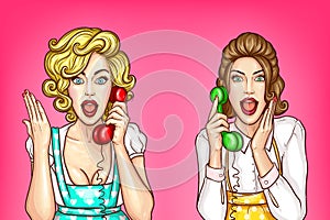 Vector women talk on the phone, excited housewives