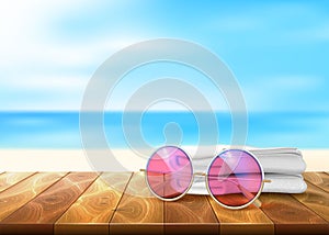 Vector wood floor beach seaside sunglasses towel