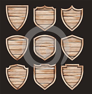 Vector wood shield realistic wooden texture sign