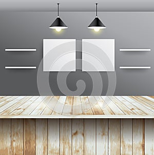 Vector wood table with wall room interior design