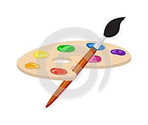 vector wooden art palette with blobs of paint and brush