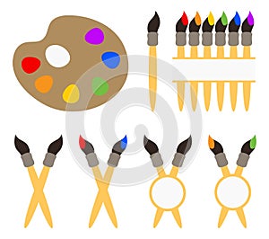 Vector wooden art palette with blobs of paint and brush