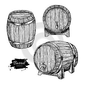 Vector wooden barrel. Hand drawn vintage illustration in engrav photo