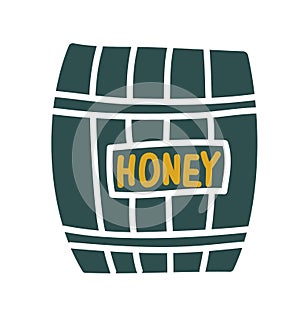 Vector wooden barrel with honey, hand drawn scandinavian illustration in cartoon style isolated on white background