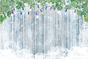 Vector wooden board covered by snow  and  decorated by fir branches  for Christmas design. Wnter background photo