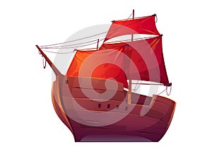 Vector wooden boat with red sails
