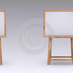 Vector Wooden Brown Sienna Art Board Easel with Mock Up Empty Blank Horizontal Canvas in Frame on Background