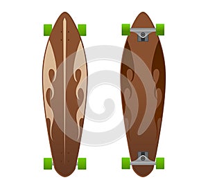 Vector wooden longboard with fire flame design.