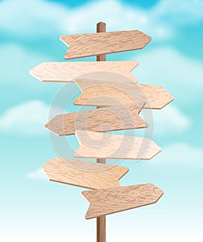 Vector wooden signpost on blue sky background. Sign board arrow illustration