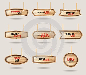 Vector wooden signs hanging on a rope and chain