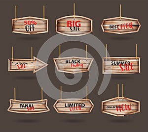 Vector wooden signs hanging on a rope and chain