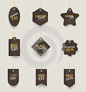 Vector wooden signs hanging on a rope and chain