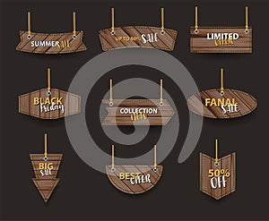 Vector wooden signs hanging on a rope and chain