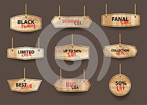 Vector wooden signs hanging on a rope and chain