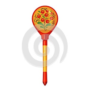 Vector wooden spoon with Khokhloma painting in flat style isolated on white background