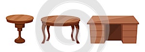 Vector Wooden Tables. Oval Dining Table Anchor Family Meals With a Sturdy Charm, Work Table Foster Productivity