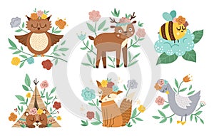 Vector woodland animals, insects and birds collection. Boho forest floral compositions. Bohemian fox, owl, bear, deer, goose with