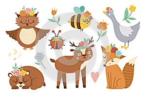Vector woodland animals, insects and birds collection. Boho forest set. Bohemian fox, owl, bear, deer, ladybug, goose with flowers