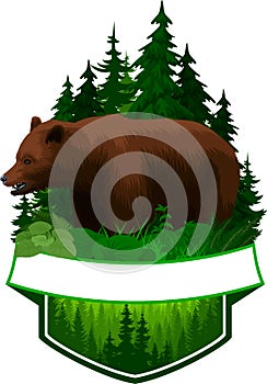 Vector woodland emblem with brown grizzly bear