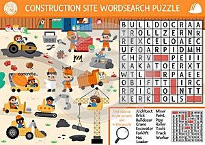 Vector wordsearch puzzle for kids with construction site landscape. Word search quiz with workers, tools, industrial vehicles. photo